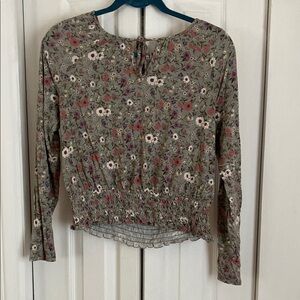 American Eagle Outfitters Smocked Floral Blouse Brown Gray